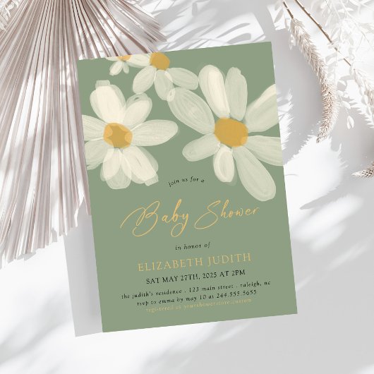 Daisy Floral Sage Green Baby shower Kaart