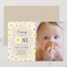 Daisy Floral Taupe Foto 1st Birthday Uitnodiging