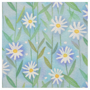 Daisy Floral White Blue Aqua Stof