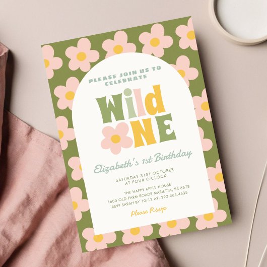 Daisy Floral Wild One boho roze meisje 1e verjaard Kaart