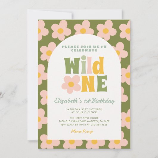 Daisy Floral Wild One boho roze meisje 1e verjaard Kaart (Voorkant)