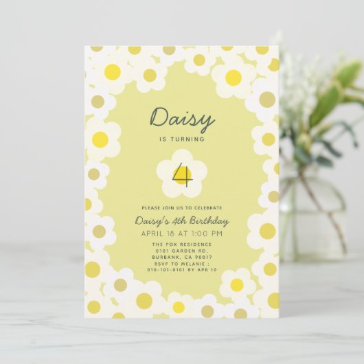 Daisy Floral Yellow Birthday Invitation Kaart (Staand voorkant)