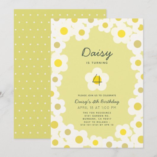 Daisy Floral Yellow Birthday Invitation Kaart (Voorkant / Achterkant)