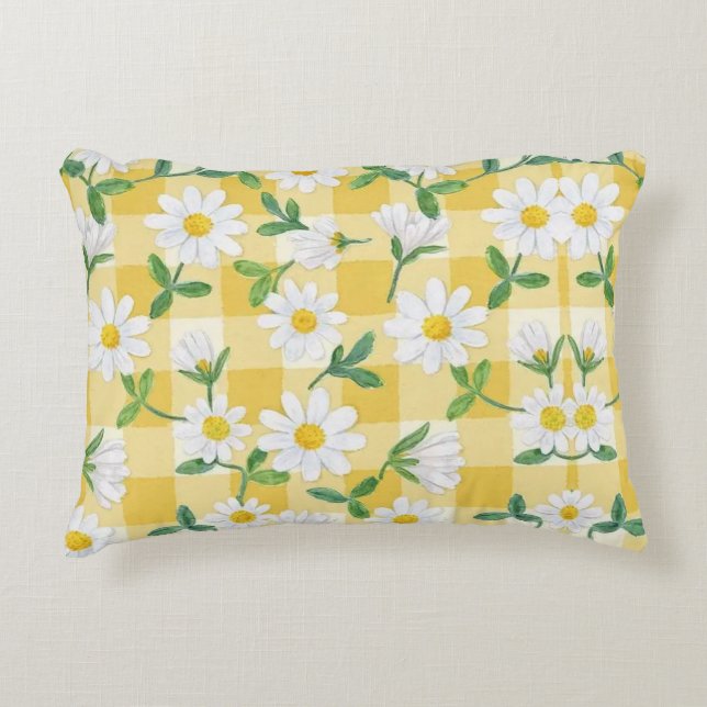 Daisy Floral Yellow Gingham Throw Pillow Accent Kussen (Voorkant)
