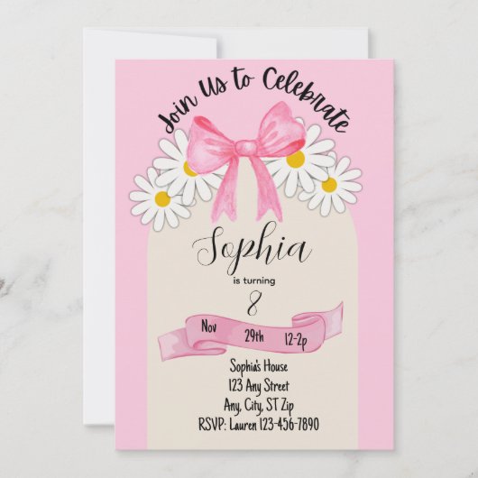 Daisy Flower and Bow Birthday Invitation Kaart (Voorkant)