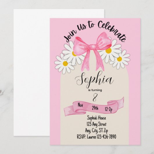 Daisy Flower and Bow Birthday Invitation Kaart (Voorkant / Achterkant)