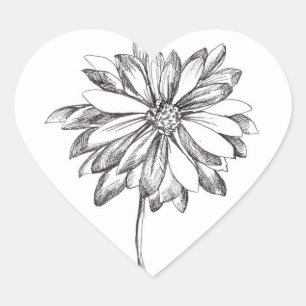Daisy Flower Black Pen en Ink Tekening Hart Sticker