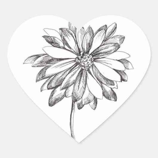 Daisy Flower Black Pen en Ink Tekening Hart Sticker (Voorkant)