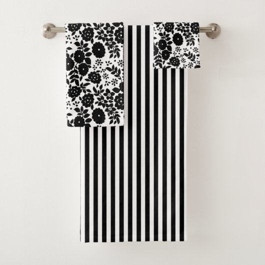 Daisy Flower Black Stripe Badhanddoek Set Bad Handdoek (Insitu)