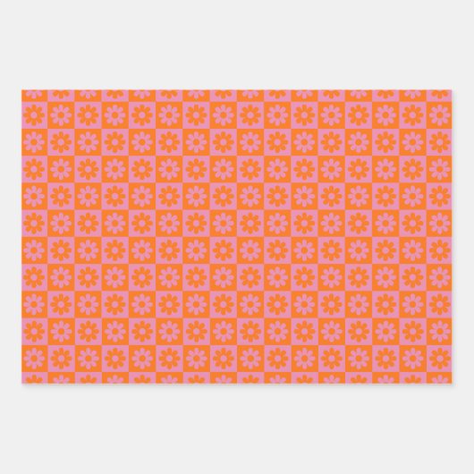 Daisy Flower Checkered Patroon Roze & Sinaasappel Inpakpapier Vel (Voorkant 2)