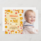 Daisy Flower First Birthday Photo Invitation Kaart (Voorkant / Achterkant)