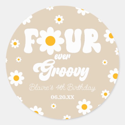 Daisy Flower Four Ever Groovy 4e verjaardagsfeestj Ronde Sticker (Voorkant)