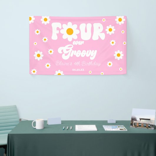 Daisy Flower Four Ever Groovy 4e verjaardagsfeestj Spandoek (Beurs)