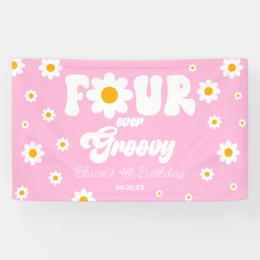 Daisy Flower Four Ever Groovy 4e verjaardagsfeestj Spandoek (Horizontaal)