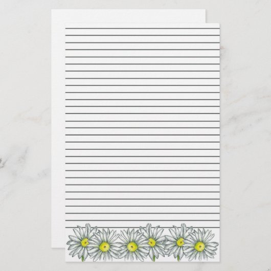 Daisy Flower Grey Stripe Lined Briefpapier (Voorkant / Achterkant)