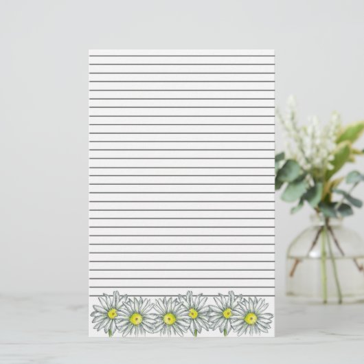 Daisy Flower Grey Stripe Lined Briefpapier (Staand voorkant)