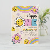 Daisy Flower Groovy First Birthday Invitation Kaar Kaart (Staand voorkant)