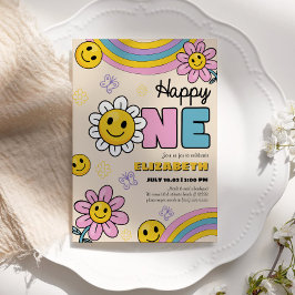 Daisy Flower Groovy First Birthday Invitation Kaar Kaart