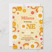 Daisy Flower Groovy First Birthday Invitation Kaar Kaart (Voorkant)