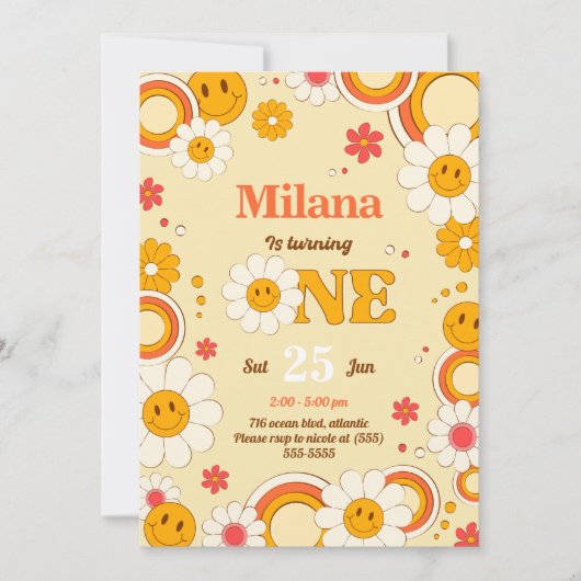 Daisy Flower Groovy First Birthday Invitation Kaar Kaart (Voorkant)