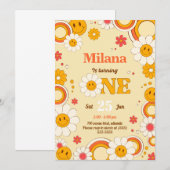 Daisy Flower Groovy First Birthday Invitation Kaar Kaart (Voorkant / Achterkant)