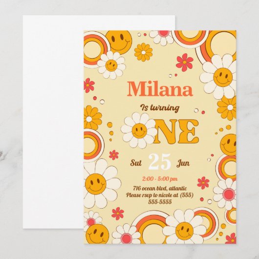 Daisy Flower Groovy First Birthday Invitation Kaar Kaart (Voorkant / Achterkant)