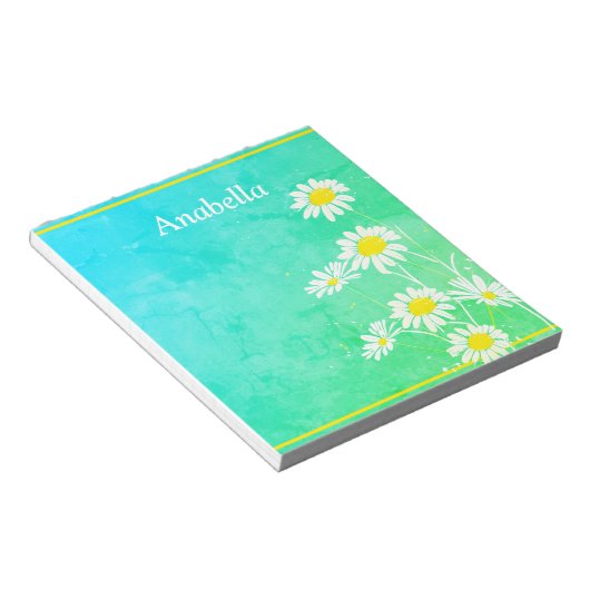 Daisy flower lijst op groene en gele achtergrond notitieblok (Schuin)