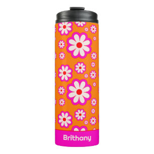 Daisy Flower Pattern Roze & Sinaasappel jaren 70 R Thermosbeker