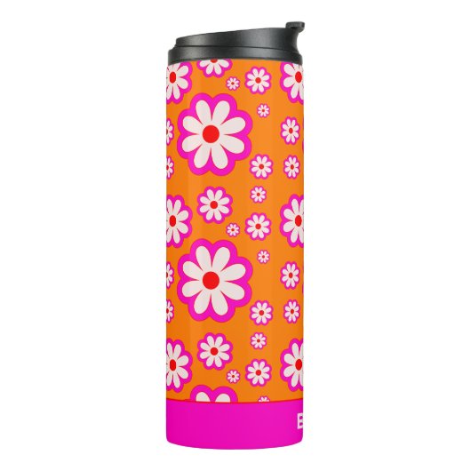 Daisy Flower Pattern Roze & Sinaasappel jaren 70 R Thermosbeker (Gedraaid links)