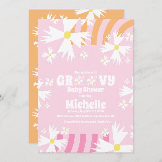 Daisy Flower Retro Way Two Groovy Baby shower Kaart (Voorkant / Achterkant)