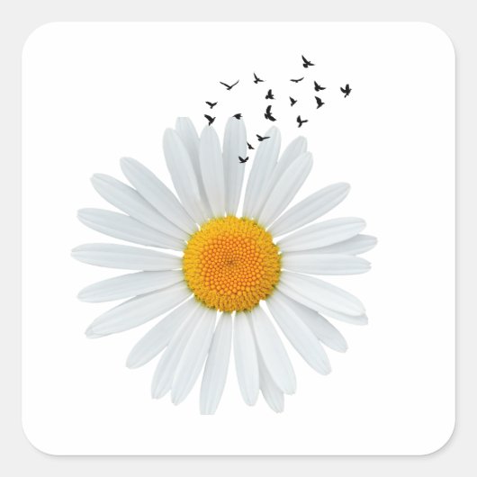 Daisy Flower with Flock of Birds Vierkante Sticker (Voorkant)