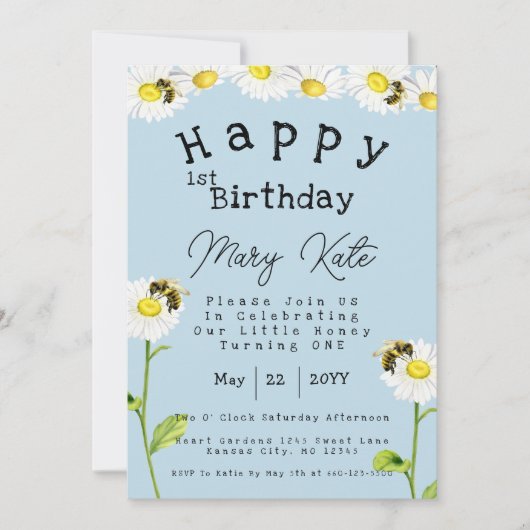 Daisy Flowers 1st Birthday Honey Bee Kaart (Voorkant)