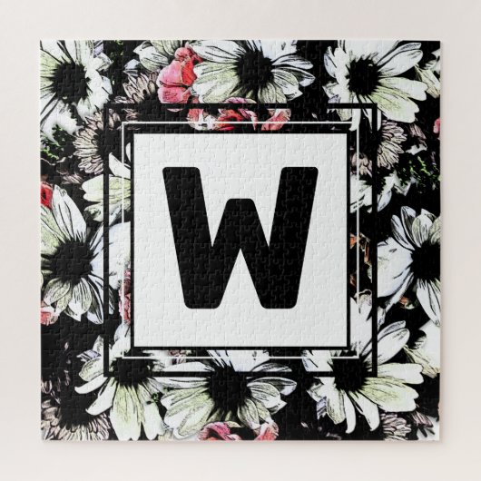 Daisy Flowers Black Monogram Family Weddenschap Legpuzzel (Verticaal)
