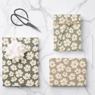 Daisy Flowers Bruin Groene tinten Inpakpapier Vel