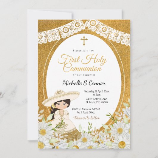 Daisy Flowers Charra Girl First Heilige Communie Kaart (Voorkant)