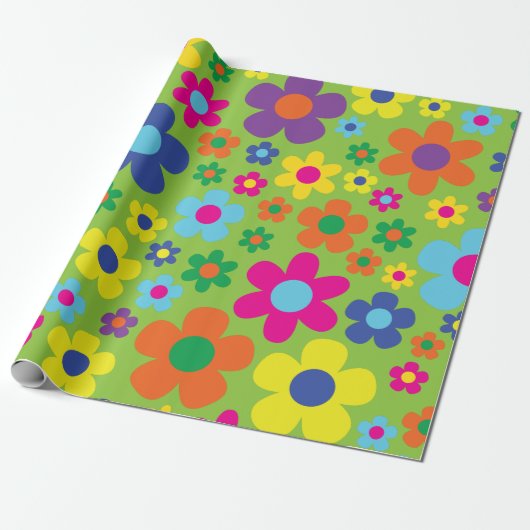 Daisy Flowers Cute Colorful 1st Birthday Party Cadeaupapier (Uitgerold)