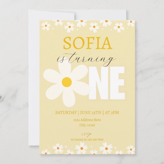 Daisy Flowers Eerste Verjaardag Uitnodiging (Voorkant)