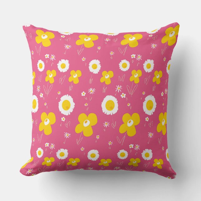 Daisy Flowers Geel Wit Op Roze Sierkussen (Voorkant)