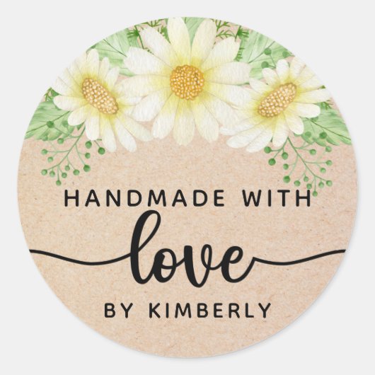 Daisy Flowers Handmade with Love Ronde Sticker (Voorkant)