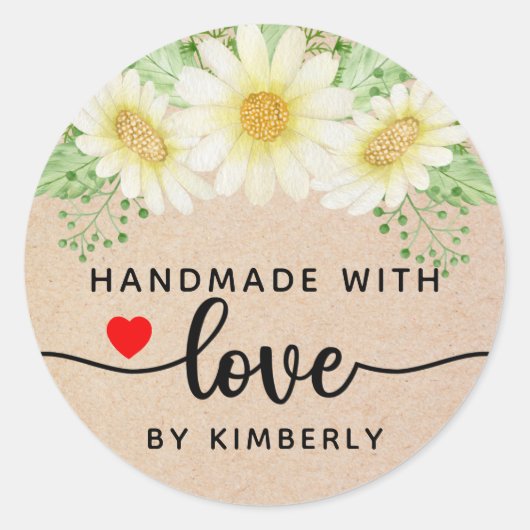 Daisy Flowers Handmade with Love Ronde Sticker (Voorkant)