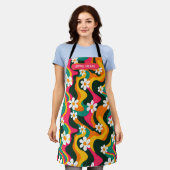 Daisy Flowers Levendige Retro Patroon met Naam Schort (Gedragen)