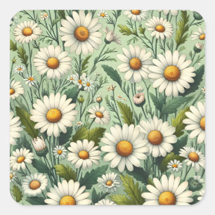 Daisy Flowers Naadloze Groene Achtergrond Vierkante Sticker