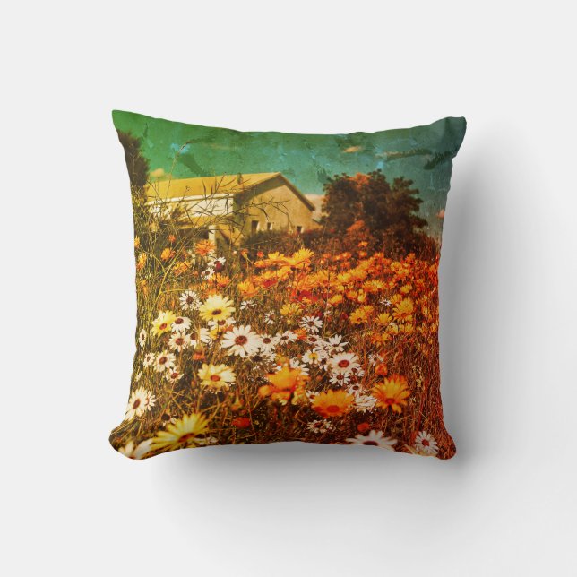 Daisy Flowers Oranje Blue Cushion Sierkussen (Voorkant)