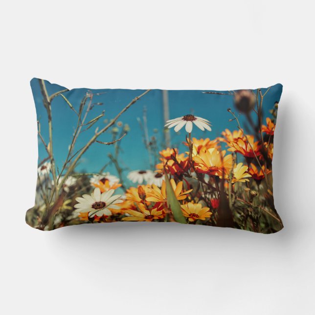 Daisy Flowers Oranje Blue Cushion Sierkussen Kussen (Voorkant)