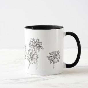 Daisy Flowers Pen en Inkt Tekening Zwart Mok