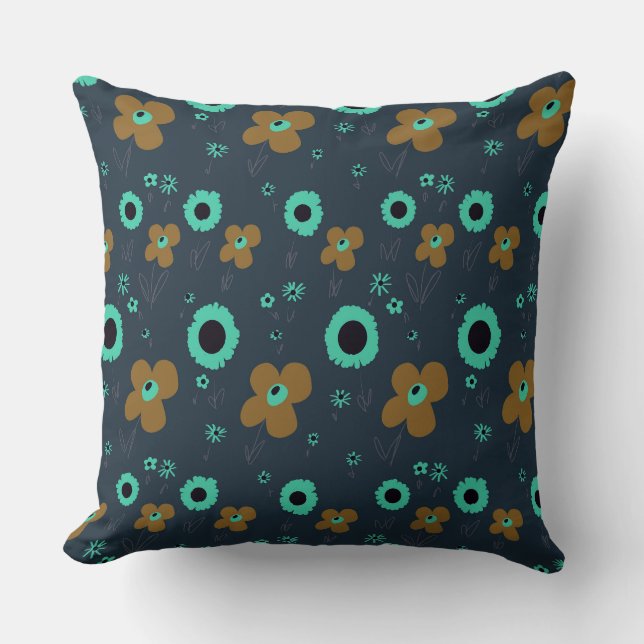 Daisy Flowers Stoffig Sinaasappel Turquoise Donker Kussen (Voorkant)