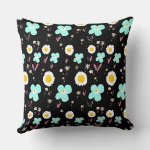 Daisy Flowers Turquoise Wit Roze Zwart Kussen