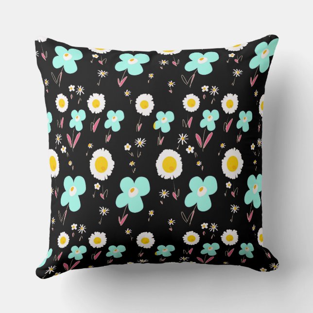 Daisy Flowers Turquoise Wit Roze Zwart Kussen (Achterkant)
