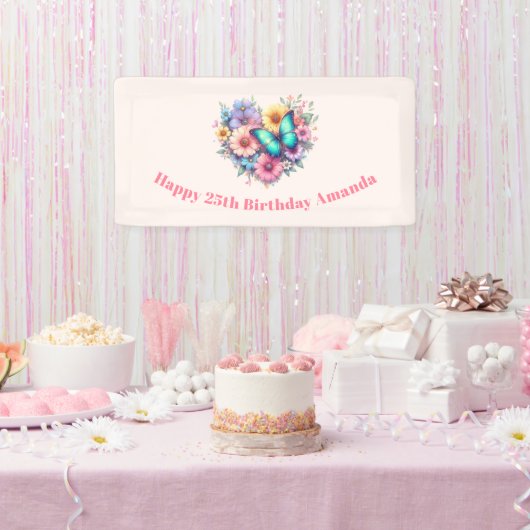 Daisy Flowers with a Beautiful Butterfly Birthday Spandoek (Feest)