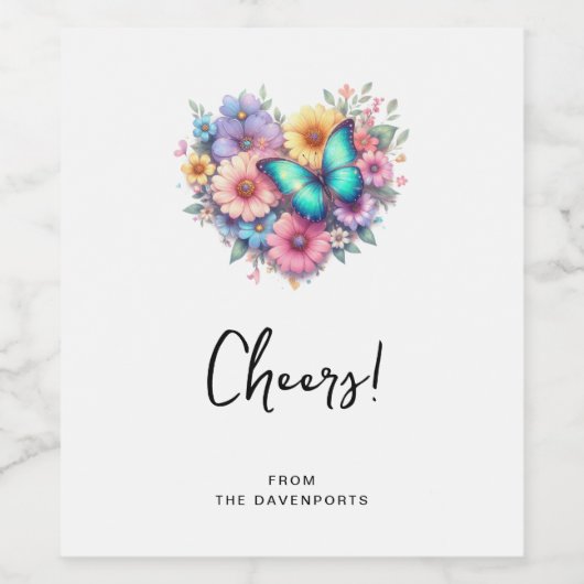 Daisy Flowers with a Beautiful Butterfly Cheers Wijn Etiket (Enkel label)